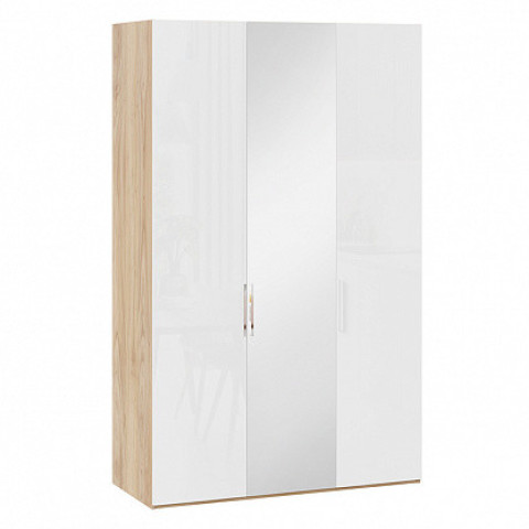 Шкаф комбинированный с 2 глухими и 1 зеркальной дверями правый «Эмбер» (Яблоня Беллуно/Белый глянец)