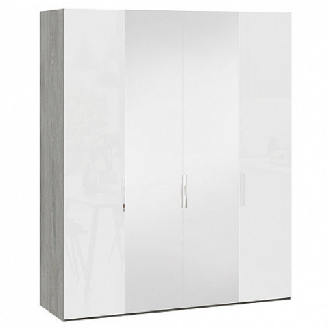 Шкаф комбинированный с 2 глухими и 2 зеркальными дверями «Эмбер» (Дуб Гамильтон/Белый глянец)